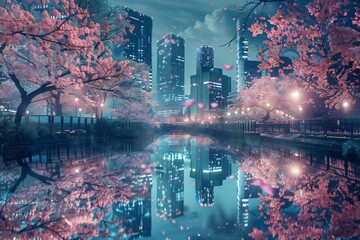Obraz na płótnie Canvas Heavenly night city in the spring with blooming trees and reflections on the road Generative Ai