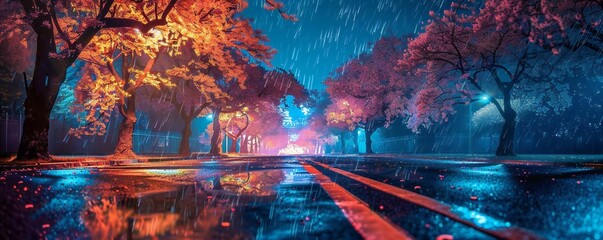 Heavenly night city in the spring with blooming trees and reflections on the road Generative Ai