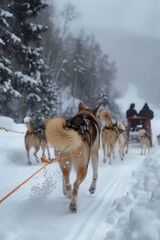 riding a dog sledge in a winter landscape - first person point of view