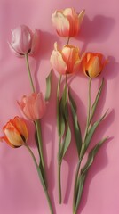 vibrant tulips with dew on petals against pink background in morning light