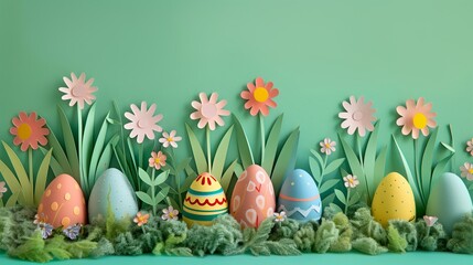 colorful Easter eggs nestled in grass with paper flowers on green background - Powered by Adobe