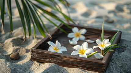 Wooden tray with tropical flowers