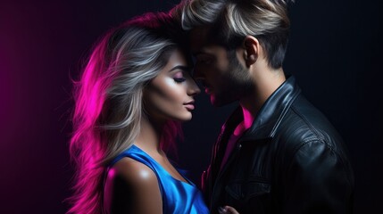Naklejka premium A beautiful young couple in leather jackets and blue dresses. Generative AI.