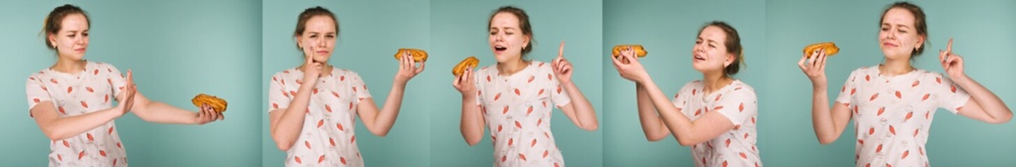 Set of five images of pimply teen girl wants to eat eclair cake