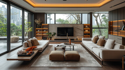 Modern cozy living room with green environment