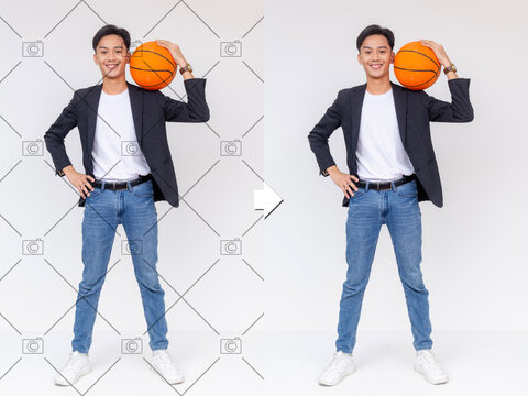 Before and after example of AI copyright or watermark remover tool erasing watermarks from a stock photo of a young man.