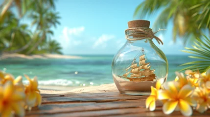 Poster A quaint ship model encapsulated in a transparent bottle, placed on sunlit wooden planks beside vibrant plumeria flowers, with a serene tropical beach backdrop. © weerasak