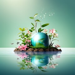 earth day concept illustration earth globe with beautiful nature blooming plant and clean water