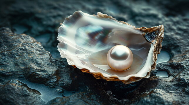 A single lustrous pearl rests inside an oyster shell on a dark, wet rock, symbolizing natural elegance and the beauty of the sea.