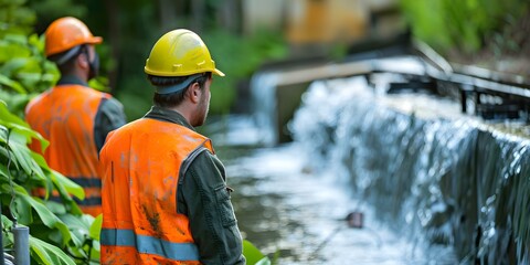 Checking hydro plant workers in protective gear amidst vibrant greenery and cascading water. Concept Hydro Power Plant, Workers in Gear, Vibrant Greenery, Cascading Water, Safety Measures