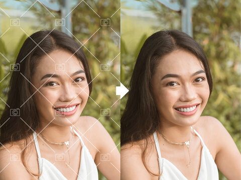 Before and after example of AI copyright or watermark remover tool erasing watermarks from a a stock photo of a young woman.