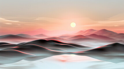 Surreal landscape with smooth, wave-like dunes under a soft pastel sunrise or sunset. - obrazy, fototapety, plakaty