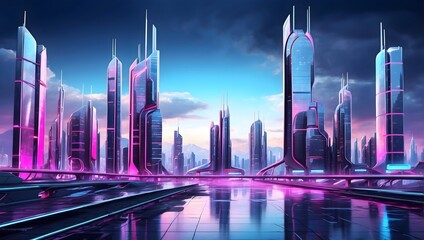 Futuristic digital landscape with neon lights, futuristic skyscrapers, and a sense of technological advancement, ultra-realistic, detailed. generative AI