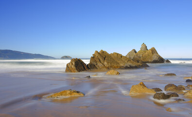 Laga beach. Rocks on Laga beach, located between the Urdaibai Biosphere Reserve and Cape Ogoño, Basque Country.