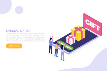 Smartphone shop event,  season sale, online shopping event. Flat Isometric  illustration. Can use for web banner, infographics.