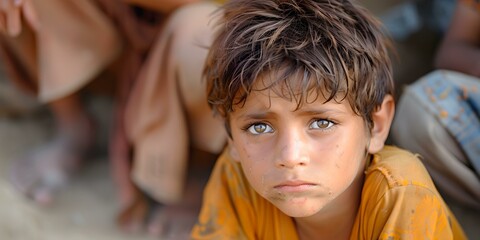 Young boy with a saddened expression displaying signs of malnutrition and poverty. Concept Child malnutrition, Poverty, Human suffering, Social issues, Emotion portraits