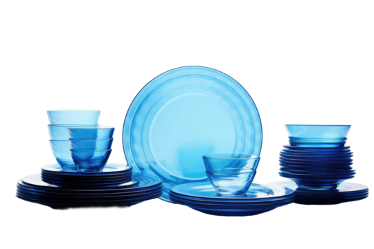 A collection of blue dishes and cups neatly arranged . on a White or Clear Surface PNG Transparent Background.