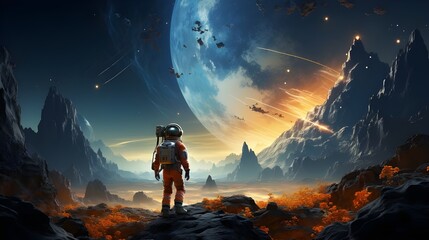 Astronaute sur la lune, regarde l'horizon, conquérir le monde, mission dans l'espace, planète, galaxie, nouveau monde, 