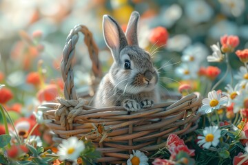 Fototapeta na wymiar Captivating Image of a Cute Bunny Nestled in a Basket
