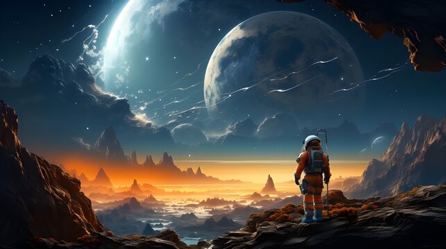Astronaute sur la lune, regarde l'horizon, conqu&eacute;rir le monde, mission dans l'espace, plan&egrave;te, galaxie, nouveau monde, 