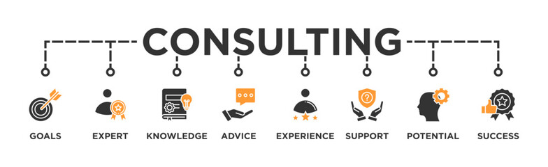 Consulting banner web icon vector illustration concept for business consultation with an icon of goals, expert, knowledge, advice, experience, support, potential, and success