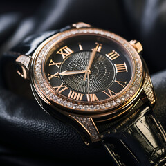men's gold watch on black fabric,  jewelry, close-up - obrazy, fototapety, plakaty