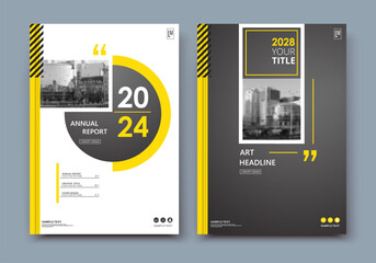 Abstract a4 brochure cover design. Ad text frame. Urban city view font. Title sheet model. Modern vector front page. Brand logo. Banner texture. Black, white ring figure, Yellow line icon. Flyer fiber