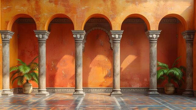 Mur d'architecture avec un style indien, oriental, empire romain bleu et rouge, avec des collones romaines