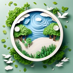 Flat 3D globe concept with green tree and blue color