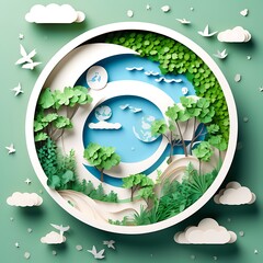 Flat 3D globe concept with green tree and blue color