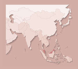 Vector illustration with asian areas with borders of states and marked country Malaysia. Political map in brown colors with regions. Beige background