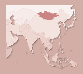 Vector illustration with asian areas with borders of states and marked country Mongolia. Political map in brown colors with regions. Beige background