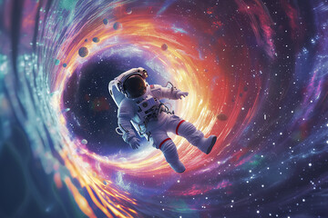 astronaut falling into colorful black hole - obrazy, fototapety, plakaty