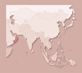 Vector illustration with asian areas with borders of states and marked country Oman; Political map in brown colors with regions. Beige background