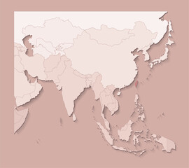 Vector illustration with asian areas with borders of states and marked country Taiwan. Political map in brown colors with regions. Beige background