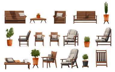 A photo featuring various chairs and tables adorned with plants set in an outdoor setting. on a White or Clear Surface PNG Transparent Background.