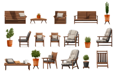 A photo featuring various chairs and tables adorned with plants set in an outdoor setting. on a White or Clear Surface PNG Transparent Background.