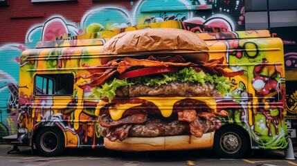 
A delectable food truck burger, stacked high with succulent beef patties, dripping with savory sauce, nestled between toasted sesame seed buns,
