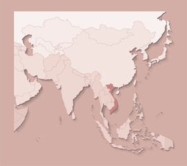 Vector illustration with asian areas with borders of states and marked country Vietnam. Political map in brown colors with regions. Beige background