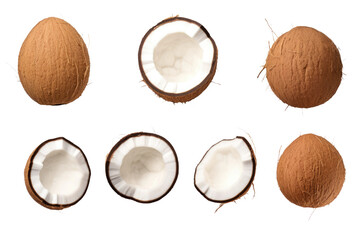 A group of coconuts placed side by side, showcasing their natural formation and texture. on a White or Clear Surface PNG Transparent Background. - obrazy, fototapety, plakaty