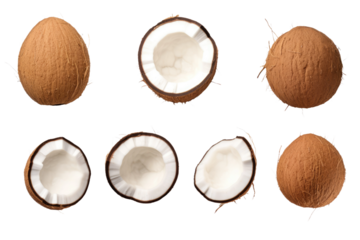 A group of coconuts placed side by side, showcasing their natural formation and texture. on a White or Clear Surface PNG Transparent Background.