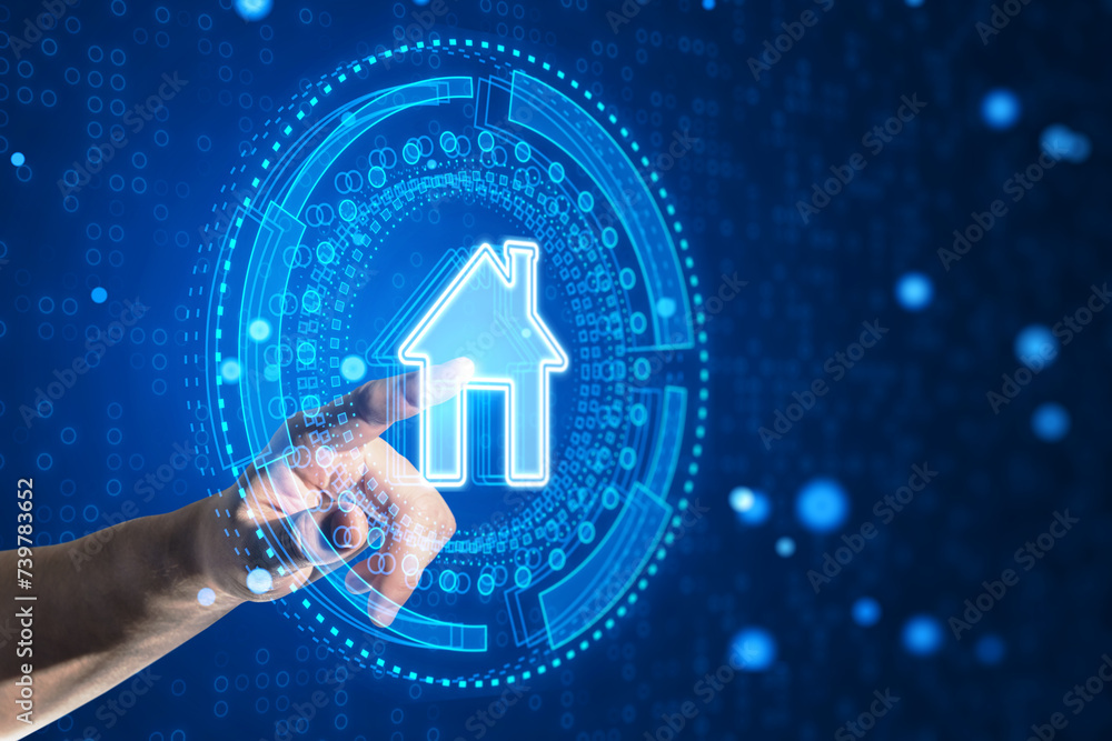 Poster Hand interacting with a futuristic smart home interface, digital automation concept
