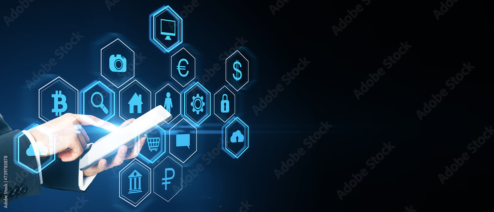 Poster Close up of male hands using smartphone with abstract hexagonal pattern hologram with various business icons on wide dark background with mock up place. Digital dashboard and data concept.