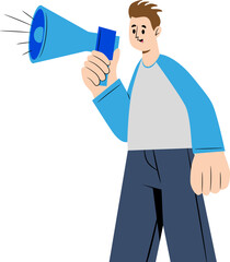 Fototapeta premium Stylized drawing of man holding loudspeaker in hand - isolated on white background