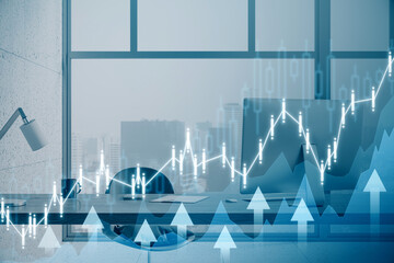 Creative growing blue business chart with arrows on blurry modern office interior with city view...