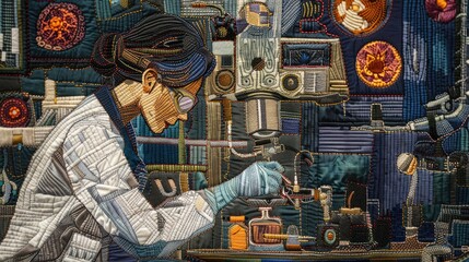 Obraz premium Female Engineer in Lab: Meticulous Textile Embroidery showcasing Attention to Detail in Science and Technology