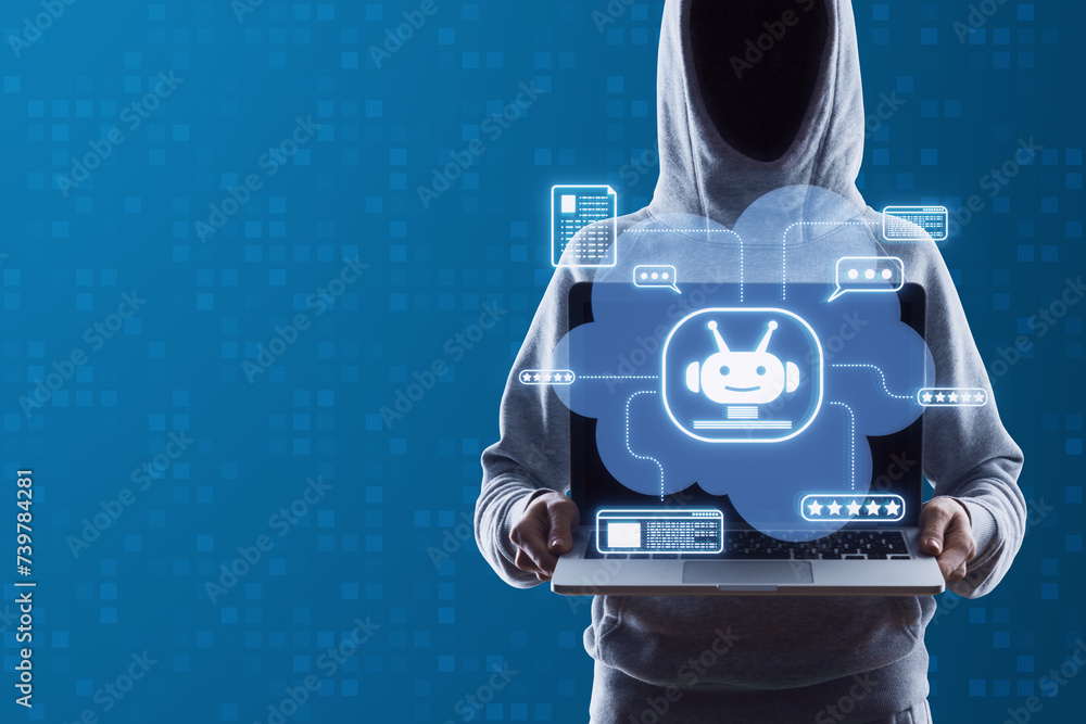 Poster hacker in hoodie using laptop with creative blue chat gpt hologram hud on blurry background. ai, hac