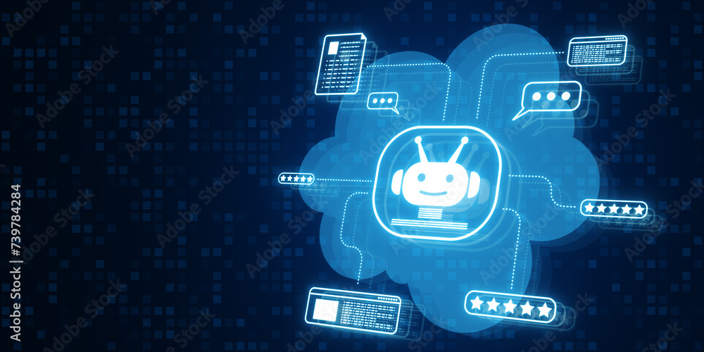 Poster Abstract blue chat GPT hologram hud on blurry wide background with mock up place. AI, online support and customer service concept. 3D Rendering.