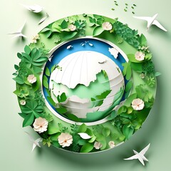 Flat 3D globe concept with green tree and blue color
