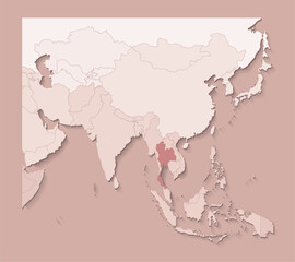 Vector illustration with asian areas with borders of states and marked country Thailand. Political map in brown colors with regions. Beige background